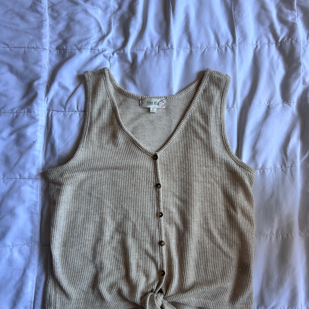 Pink Rose Beige Ribbed Button-Front Tank Top